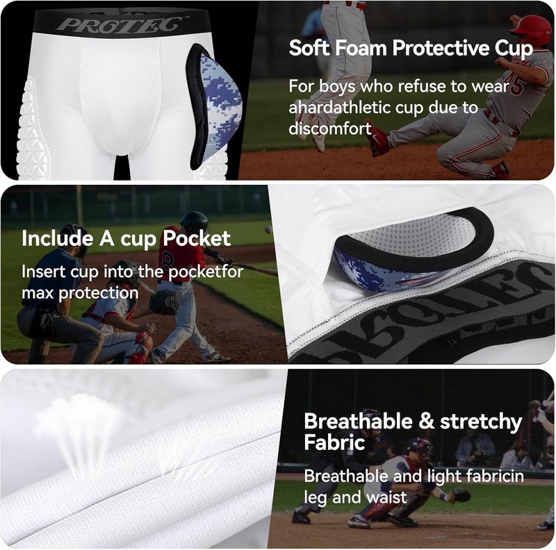 PORTECㅤ Youth Compression Padded Sliding Shorts with Soft Protective Athletic Cup Underwear for Baseball, Football , Lacrosse (White) - Image 4